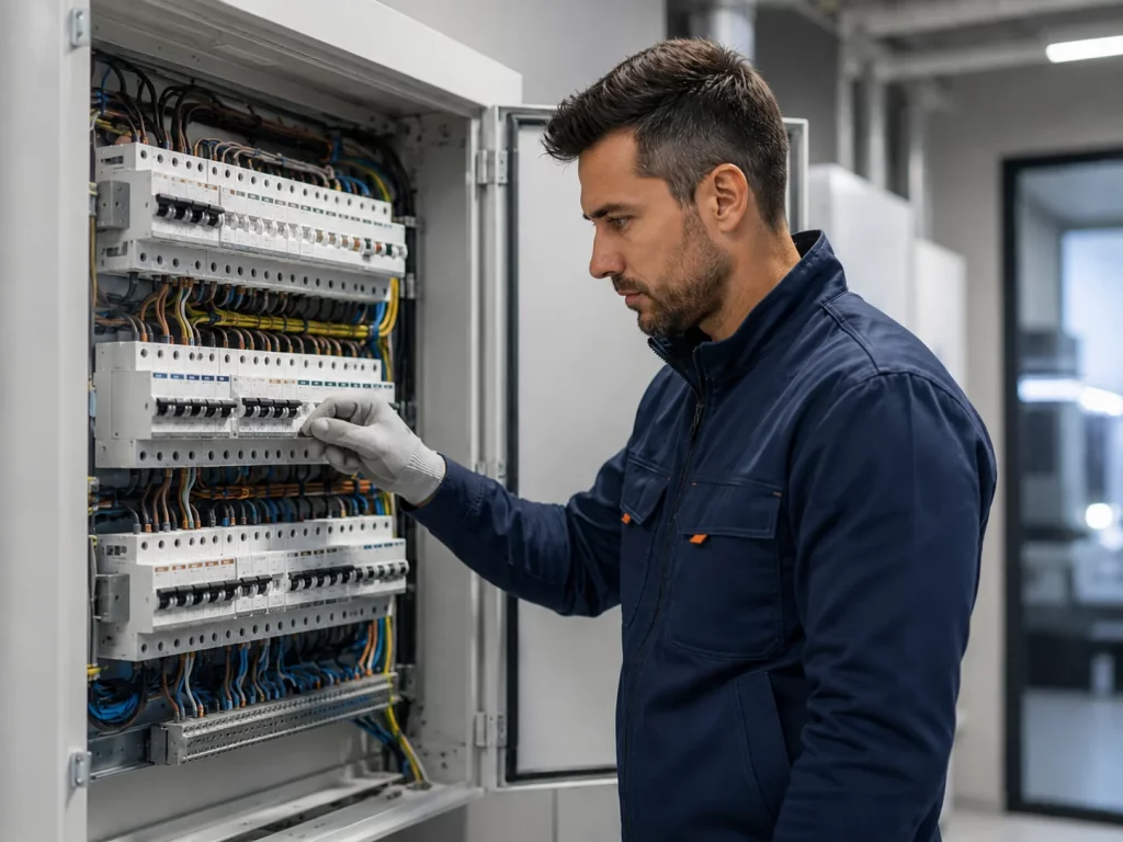 Electricista en Gran Canaria revisando un cuadro eléctrico